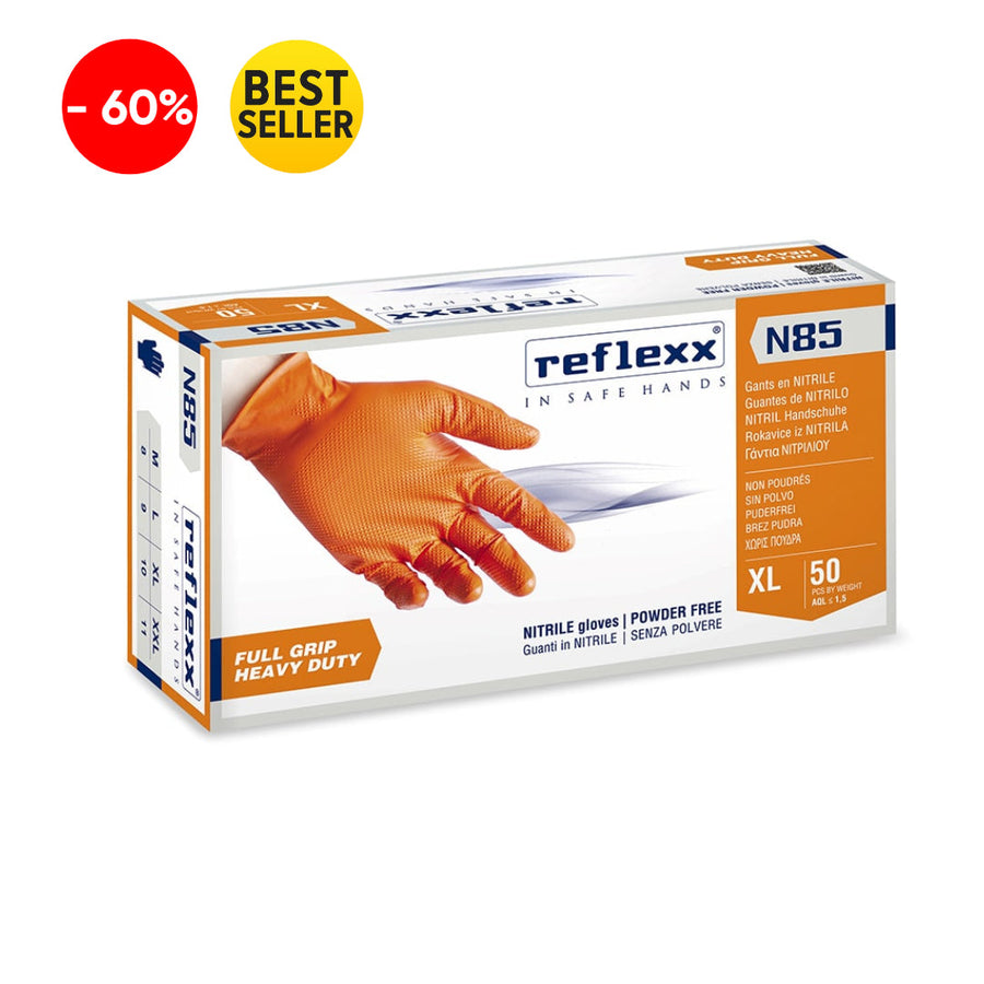 Guanti monouso in Nitrile Full Grip arancioni N85 Reflexx - 8,4 Gr Ultra resistenti